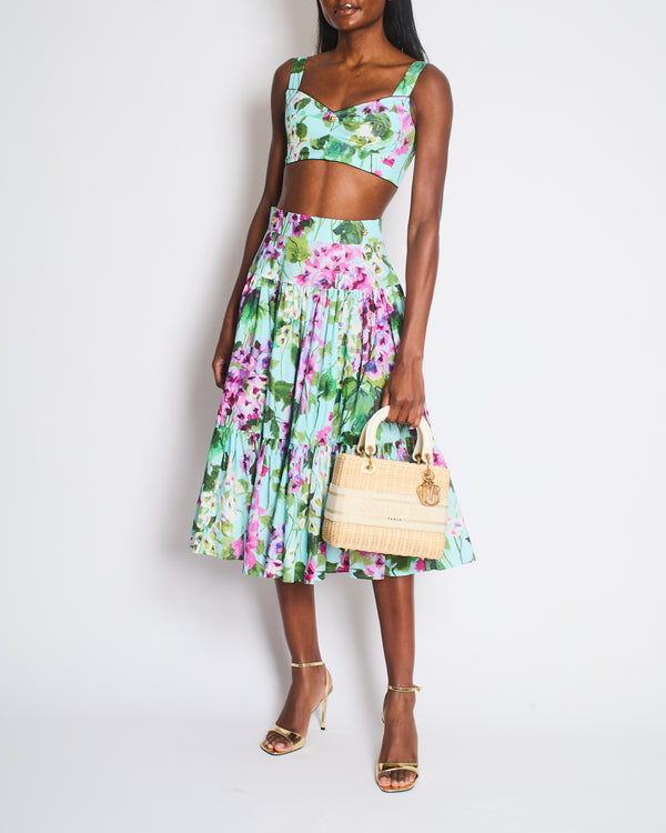 Dolce & Gabbana Blue, Green, Pink Floral Bluebell Print Bustier Crop Top and Tiered Midi Skirt Set with Gold Logo Embellishment Size IT 38-42 (UK 6-10)