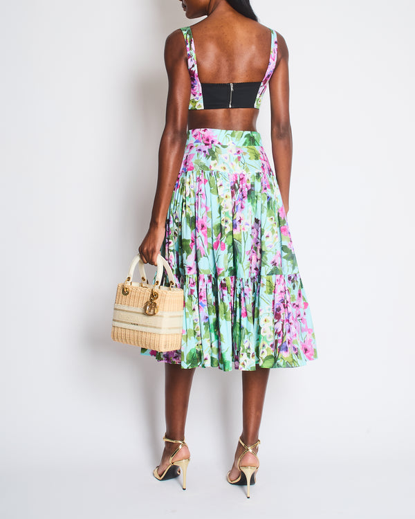 Dolce & Gabbana Blue, Green, Pink Floral Bluebell Print Bustier Crop Top and Tiered Midi Skirt Set with Gold Logo Embellishment Size IT 38-42 (UK 6-10)