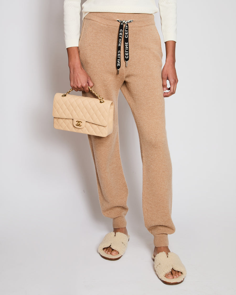 Celine Tan Cashmere Joggers with Cuffed Hems and Logo Tie Size S (UK 8)