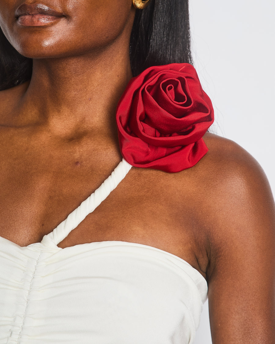 Magda Butrym White Ruched Sleeveless Top with Red 3D Rose Appliqué Size FR 36 (UK 8)