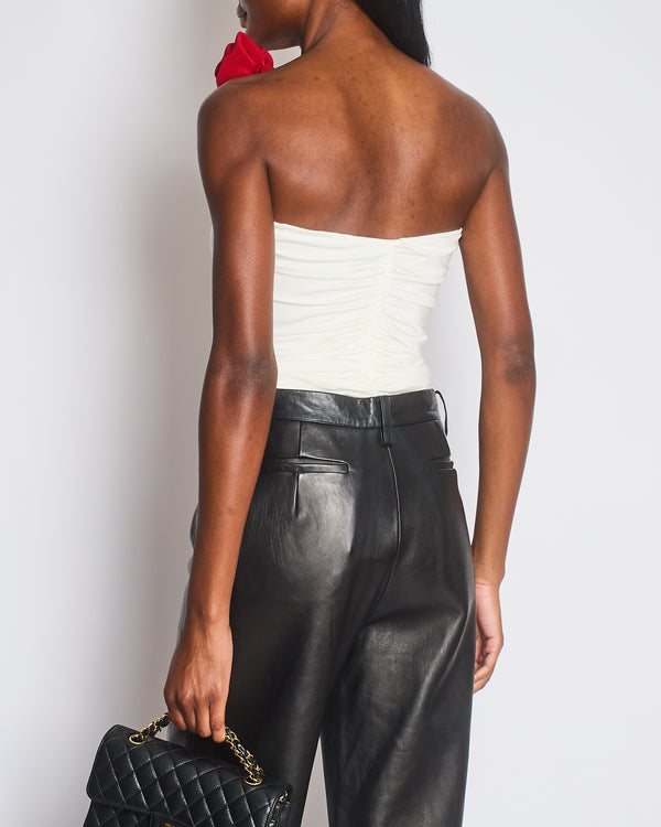 Magda Butrym White Ruched Sleeveless Top with Red 3D Rose Appliqué Size FR 36 (UK 8)
