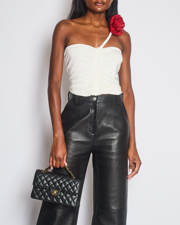 Magda Butrym White Ruched Sleeveless Top with Red 3D Rose Appliqué Size FR 36 (UK 8)
