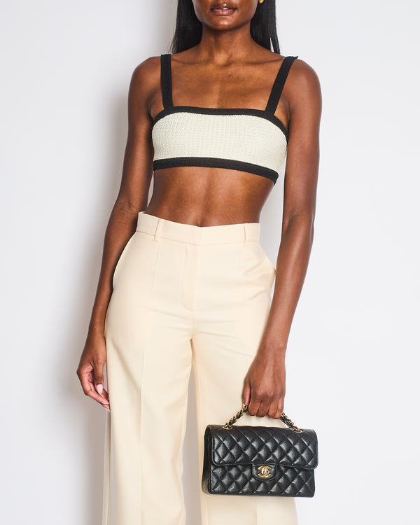 Chanel 24P Cream Black Tweed Bralette Top with Black CC Buttons Detail Size FR 34 (UK 6)