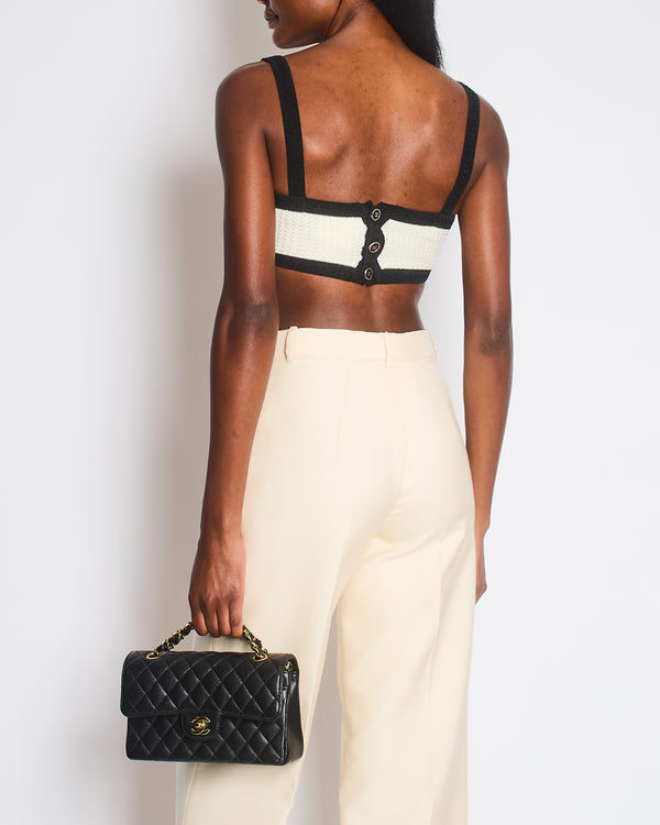 Chanel 24P Cream Black Tweed Bralette Top with Black CC Buttons Detail Size FR 34 (UK 6)