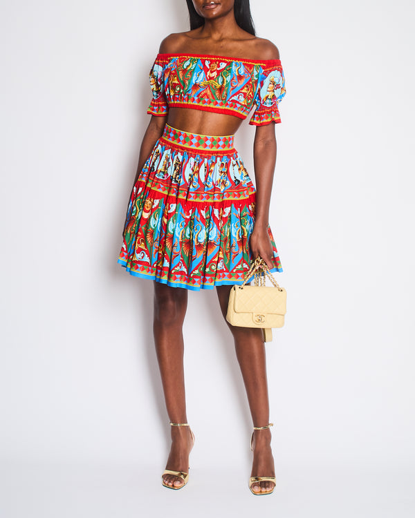 Dolce & Gabbana Red Graphic Carretto Print Off Shoulder Crop Top and Mid-Length Tiered Skirt Set Size IT 36-38 (UK 4-6)