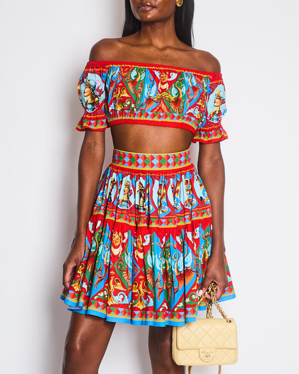 Dolce & Gabbana Red Graphic Carretto Print Off Shoulder Crop Top and Mid-Length Tiered Skirt Set Size IT 36-38 (UK 4-6)