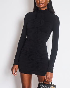 Magda Butrym Black Sheer Stretch-Jersey Mini Dress with 3D Flower Appliqué Size FR 36 (UK 8)