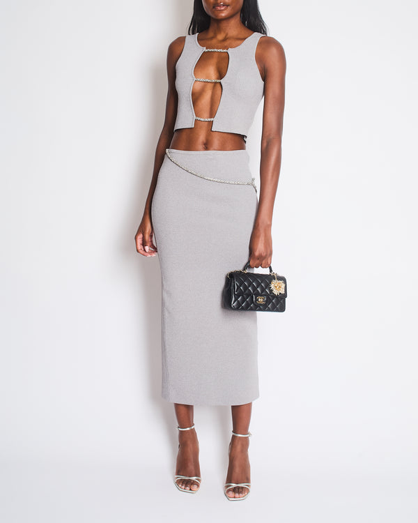 Christopher Esber Grey Crystal-Embellished Rope Cutout Ribbed Knit Top and Matching Midi Skirt Size S (UK 8)