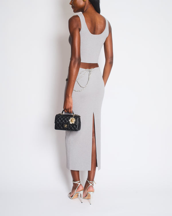 Christopher Esber Grey Crystal-Embellished Rope Cutout Ribbed Knit Top and Matching Midi Skirt Size S (UK 8)