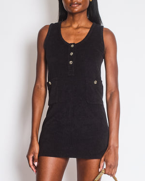 Chanel Black Terry Beach Mini Dress with Pocket Detail and Champagne Gold CC Logo Buttons Size FR 36 (UK 8)