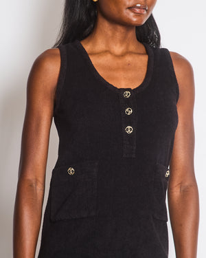 Chanel Black Terry Beach Mini Dress with Pocket Detail and Champagne Gold CC Logo Buttons Size FR 36 (UK 8)