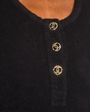 Chanel Black Terry Beach Mini Dress with Pocket Detail and Champagne Gold CC Logo Buttons Size FR 36 (UK 8)