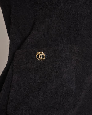 Chanel Black Terry Beach Mini Dress with Pocket Detail and Champagne Gold CC Logo Buttons Size FR 36 (UK 8)