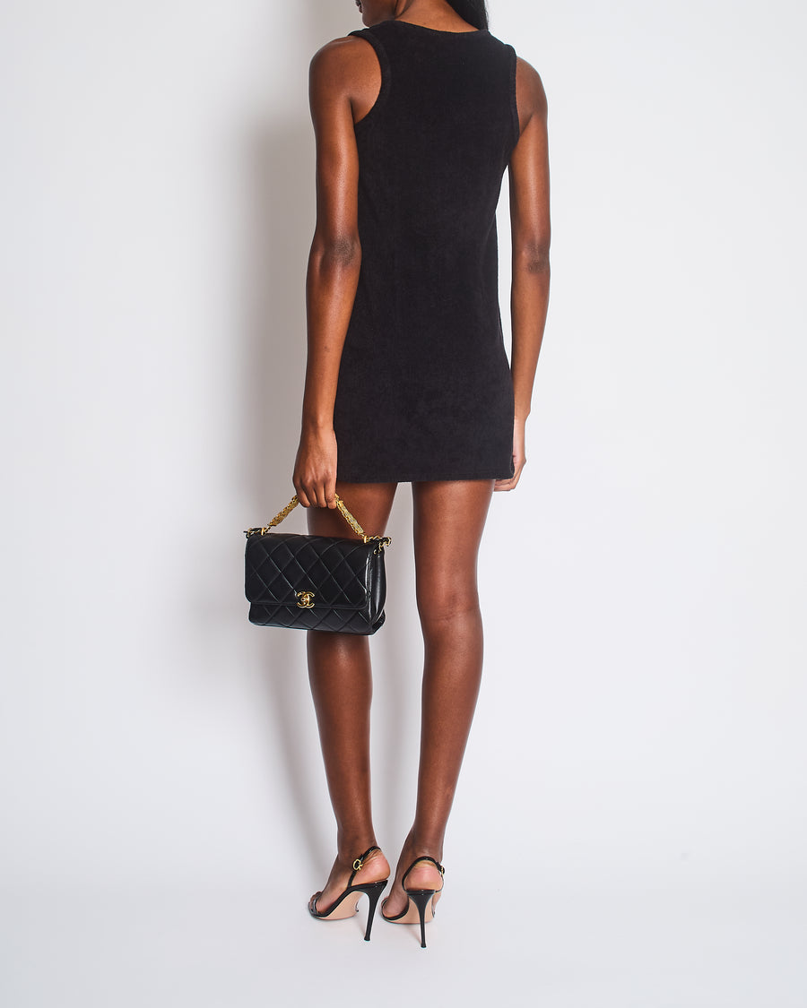 Chanel Black Terry Beach Mini Dress with Pocket Detail and Champagne Gold CC Logo Buttons Size FR 36 (UK 8)