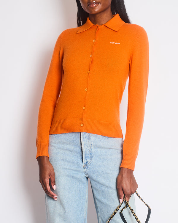 Miu Miu Orange Cashmere Button Down Cardigan with Logo Detail Size IT 36 (UK 4)
