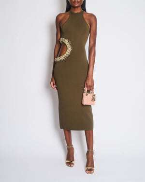 Cult Gaia Khaki Katina Embellished Rhinestone Cutout Midi Knit Dress Size XS (UK 6)
