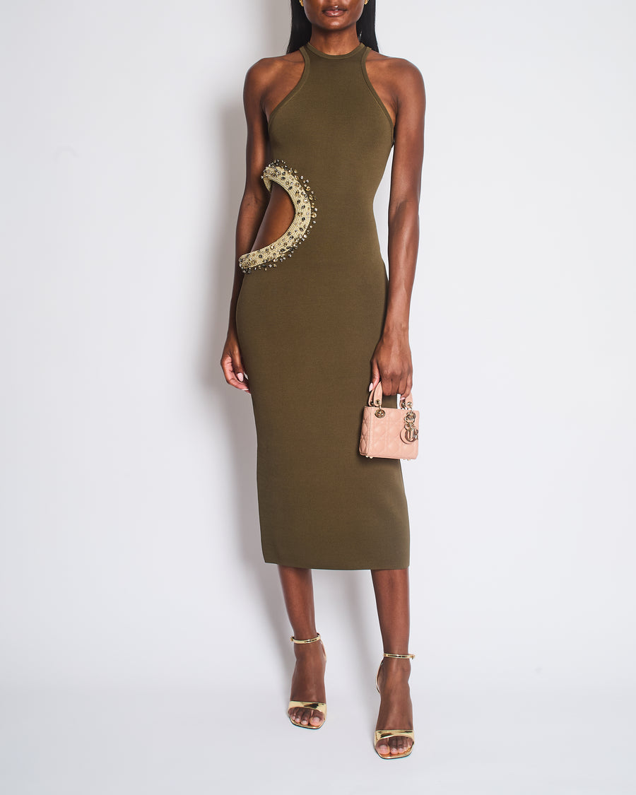 Cult Gaia Khaki Katina Embellished Rhinestone Cutout Midi Knit Dress Size XS (UK 6)