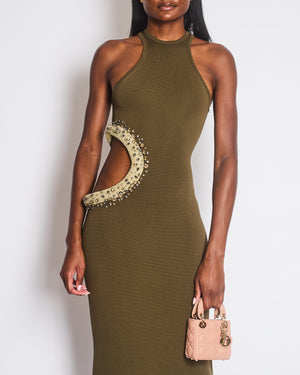 Cult Gaia Khaki Katina Embellished Rhinestone Cutout Midi Knit Dress Size XS (UK 6)