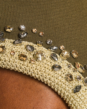 Cult Gaia Khaki Katina Embellished Rhinestone Cutout Midi Knit Dress Size XS (UK 6)