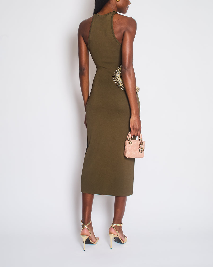 Cult Gaia Khaki Katina Embellished Rhinestone Cutout Midi Knit Dress Size XS (UK 6)