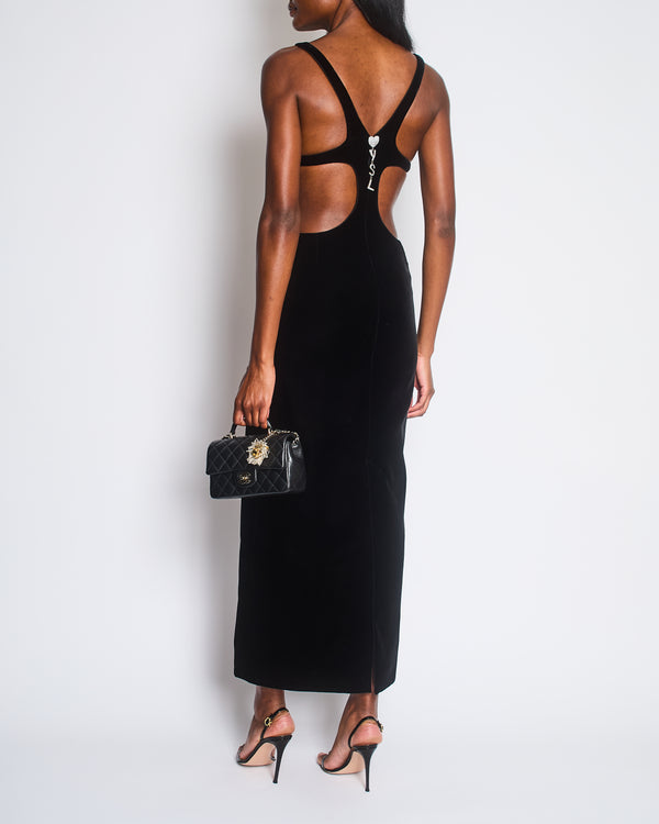 Saint Laurent Black Velvet Cutout Midi Dress with Logo and Heart Charm Embellishment Size FR 36 (UK 8) RRP £2476