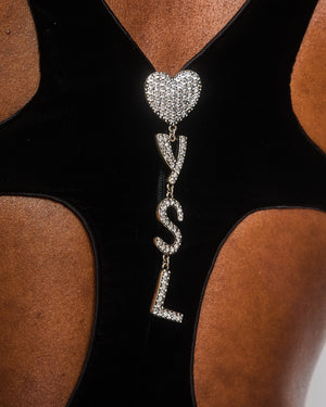 Saint Laurent Black Velvet Cutout Midi Dress with Logo and Heart Charm Embellishment Size FR 36 (UK 8) RRP £2476