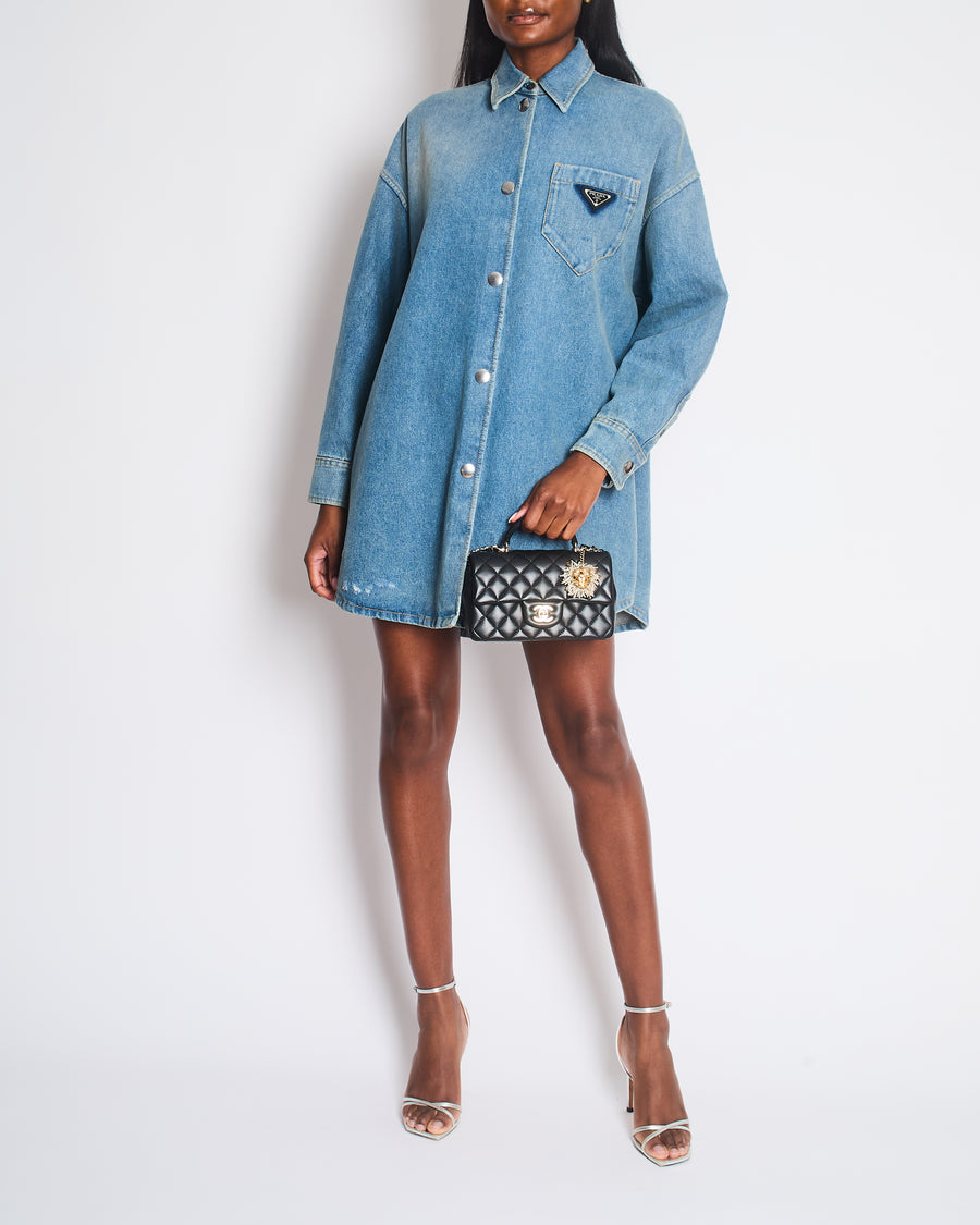 Prada Mid Blue Denim Oversized Shirt Dress with Triangle Logo Plaque and Distressed Hem Size IT 36 (UK 4)