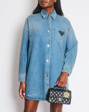 Prada Mid Blue Denim Oversized Shirt Dress with Triangle Logo Plaque and Distressed Hem Size IT 36 (UK 4)