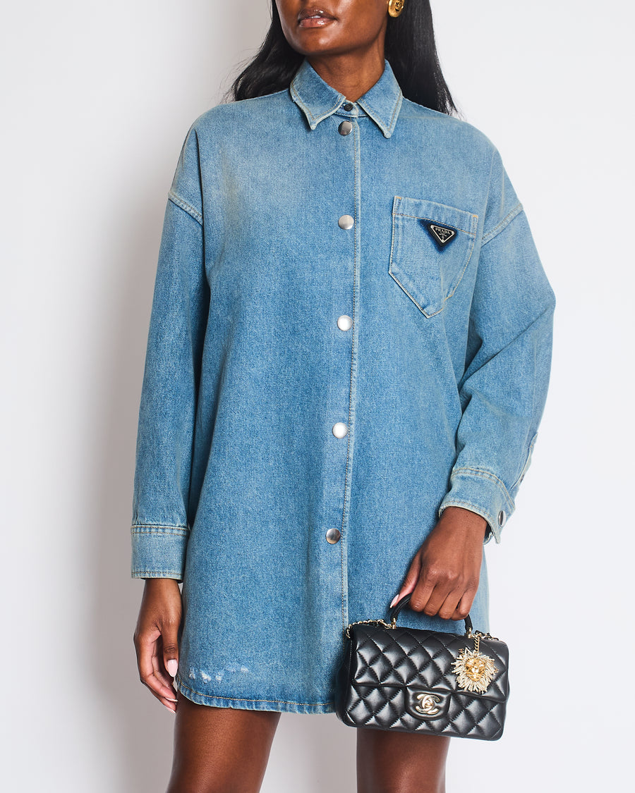 Prada Mid Blue Denim Oversized Shirt Dress with Triangle Logo Plaque and Distressed Hem Size IT 36 (UK 4)