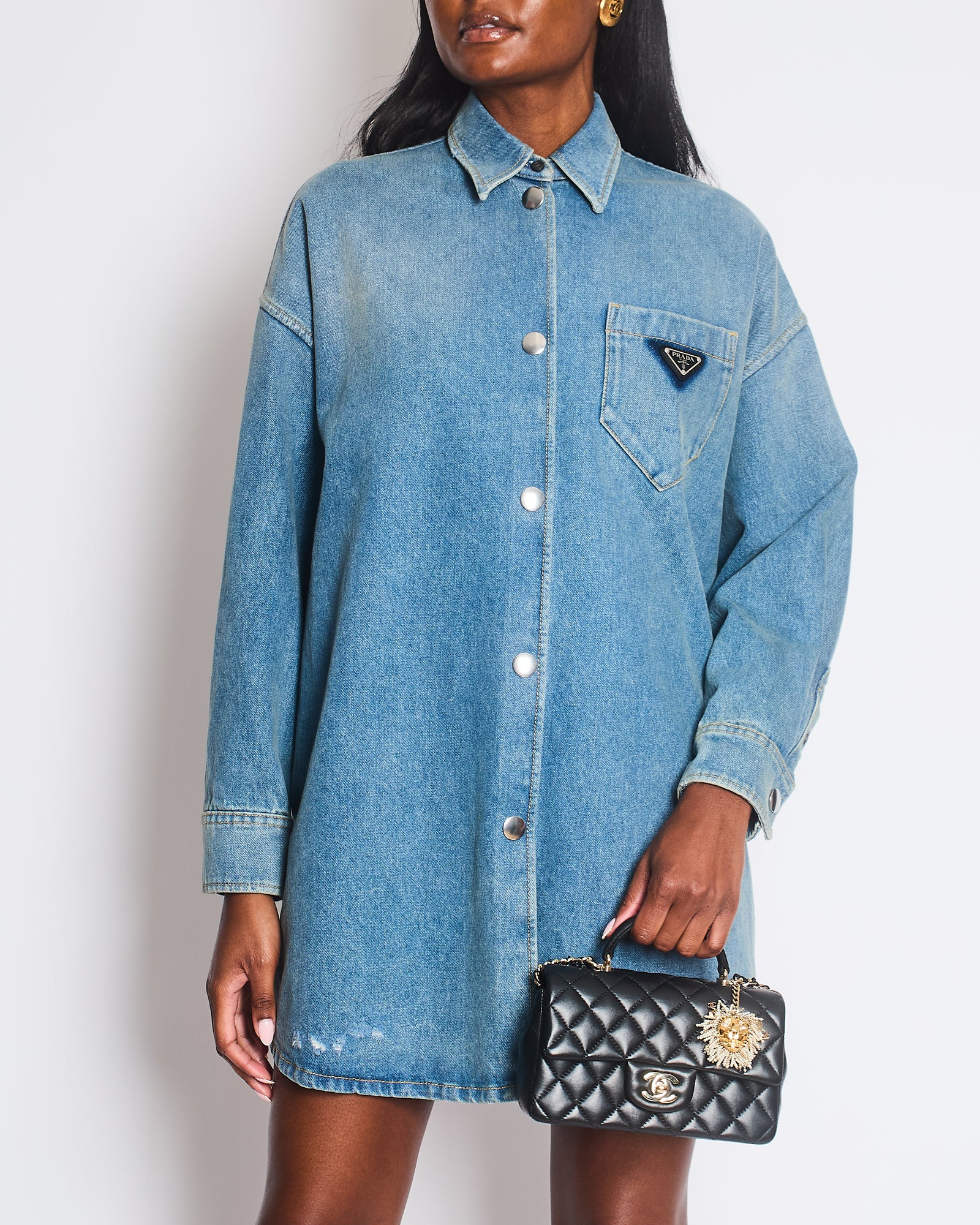 Prada Mid Blue Denim Oversized Shirt Dress with Triangle Logo Plaque a   Sellier