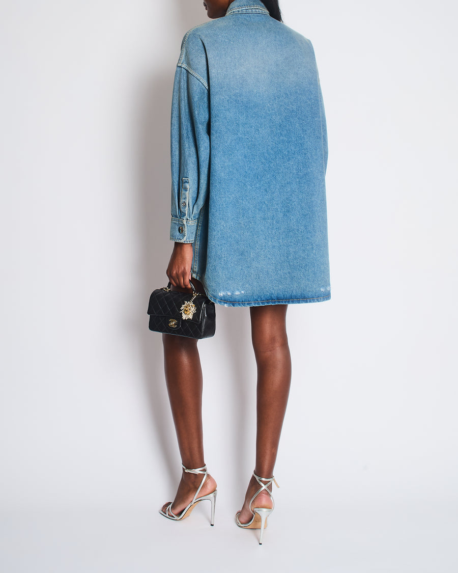 Prada Mid Blue Denim Oversized Shirt Dress with Triangle Logo Plaque and Distressed Hem Size IT 36 (UK 4)