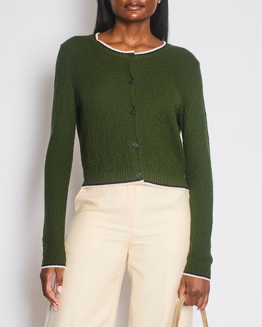 Miu Miu Green Knit Cardigan with Cream and Navy Trim Details Size IT 40 (UK 8)