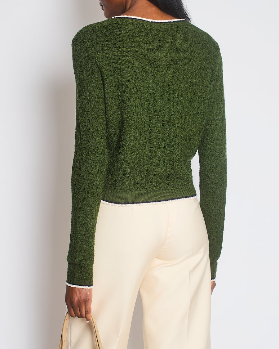 Miu Miu Green Knit Cardigan with Cream and Navy Trim Details Size IT 40 (UK 8)