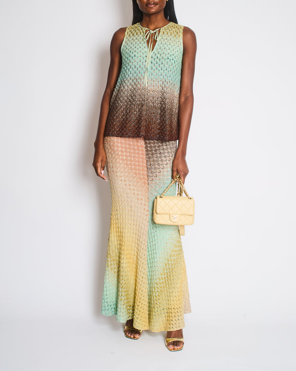 Missoni Multi-Colour Pastel Blue and Orange Metallic Crochet Knit Maxi Skirt and Top Set Size IT 40 (UK 8)
