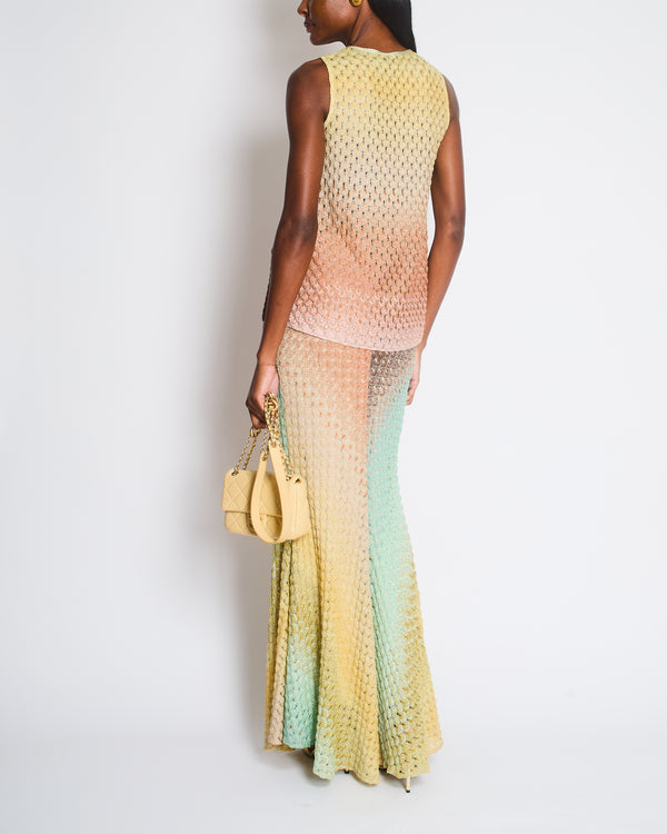 Missoni Multi-Colour Pastel Blue and Orange Metallic Crochet Knit Maxi Skirt and Top Set Size IT 40 (UK 8)