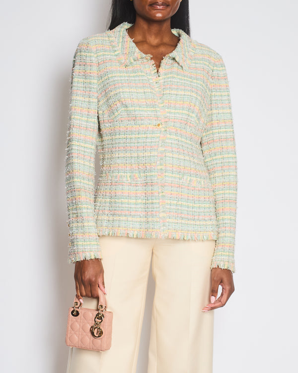Chanel Vintage Pastel Blue and Multicolour Tweed Jacket with Gold Transparent CC Logo Buttons Size FR 40 (UK 12)