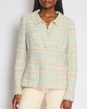Chanel Vintage Pastel Blue and Multicolour Tweed Jacket with Gold Transparent CC Logo Buttons Size FR 40 (UK 12)
