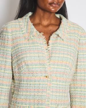 Chanel Vintage Pastel Blue and Multicolour Tweed Jacket with Gold Transparent CC Logo Buttons Size FR 40 (UK 12)