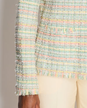 Chanel Vintage Pastel Blue and Multicolour Tweed Jacket with Gold Transparent CC Logo Buttons Size FR 40 (UK 12)