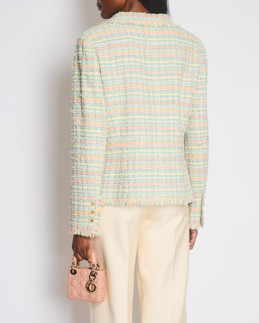Chanel Vintage Pastel Blue and Multicolour Tweed Jacket with Gold Transparent CC Logo Buttons Size FR 40 (UK 12)