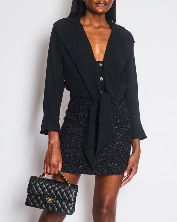 Chanel 20S Black Cropped Button Up Shirt with Lapel and Waist Tie Detail FR 36 (UK 8) RRP £3,090