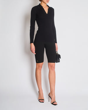 Saint Laurent Black Ribbed Biker Leggings with Gold YSL Logo Detail Size FR 38 (UK 10)