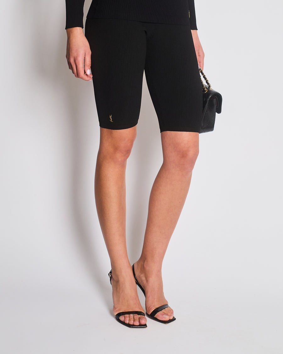 Saint Laurent Black Ribbed Biker Leggings with Gold YSL Logo Detail Size FR 38 (UK 10)