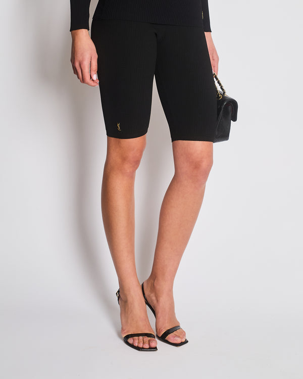 Saint Laurent Black Ribbed Biker Leggings with Gold YSL Logo Detail Size FR 38 (UK 10)