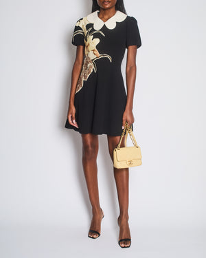 Valentino Black Short Sleeved Mini Dress with Floral Patch Detail and Cream Scalloped Collar Size IT 42 (UK 10)