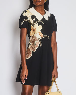 Valentino Black Short Sleeved Mini Dress with Floral Patch Detail and Cream Scalloped Collar Size IT 42 (UK 10)