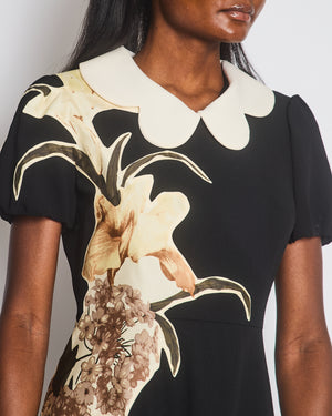 Valentino Black Short Sleeved Mini Dress with Floral Patch Detail and Cream Scalloped Collar Size IT 42 (UK 10)