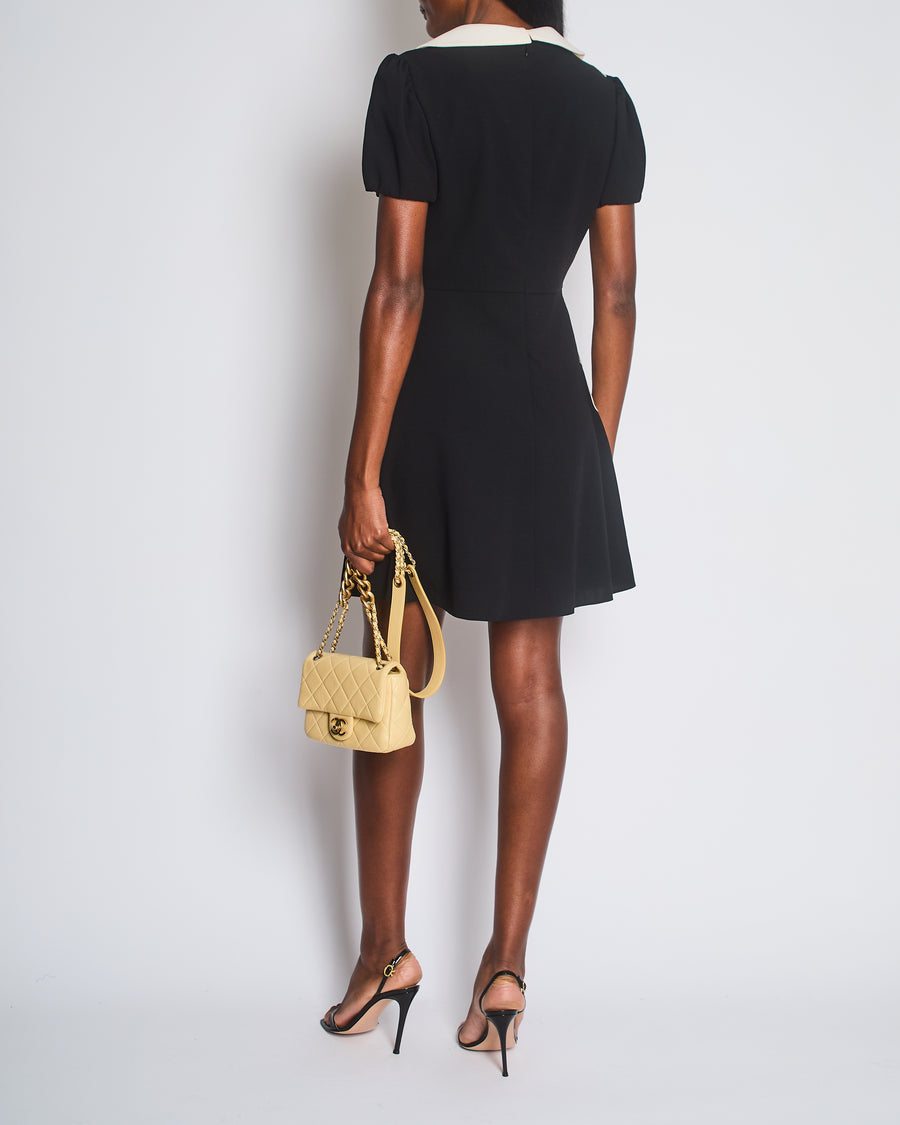 Valentino Black Short Sleeved Mini Dress with Floral Patch Detail and Cream Scalloped Collar Size IT 42 (UK 10)