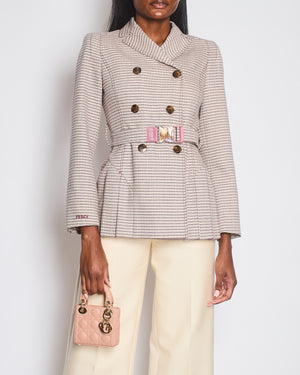 Fendi Red and Pink Micro Houndstooth Belted Jacket with Brown Tortoise Shell Logo Buttons Size IT 38 (UK 6)