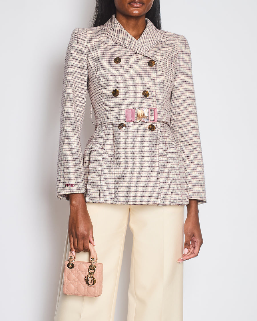 Fendi Red and Pink Micro Houndstooth Belted Jacket with Brown Tortoise Shell Logo Buttons Size IT 38 (UK 6)